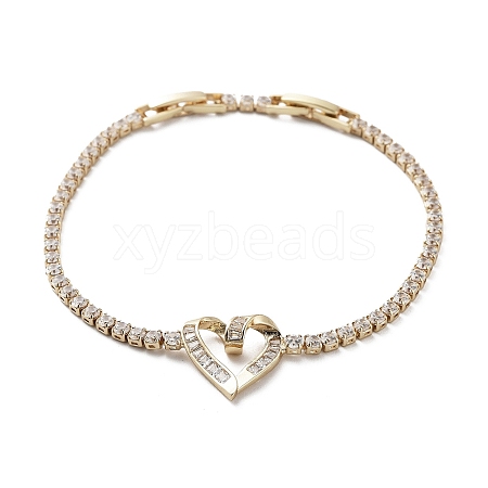 Heart Brass Link Bracelet with Clear Cubic Zirconia Tennis Chains BJEW-G690-05G-1