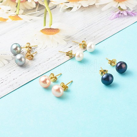 Natural Pearl Rondelle Stud Earrings EJEW-JE04585-1