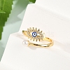 Evil Eye Brass Micro Pave Clear Cubic Zirconia Open Cuff Rings for Women. with ABS Plastic Imitation Pearl and Enamel RJEW-G343-20G-3