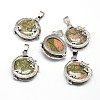 Flat Round with Dragon Platinum Tone Brass Natural Unakite Pendants G-F228-24H-RS-1