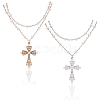 2Pcs 2 Colors Alloy and Imitation Pearl Cross Big Pendant Double-Layer Link Chain Necklaces for Women NJEW-AR0001-09-1