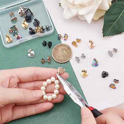 30Pcs 5 Colors Ion Plating(IP) Heart Shape 304 Stainless Steel Stud Earring Findings EJEW-DC0001-01-1