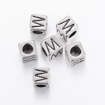 304 Stainless Steel Large Hole Letter European Beads STAS-H428-01AS-W-1