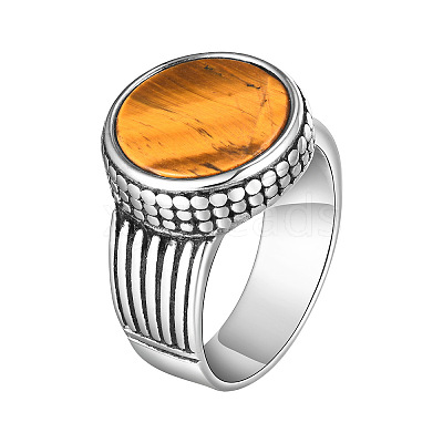304 Stainless Steel with Natural Tiger Eye Finger Rings for Men FS-WGE1297-02-1