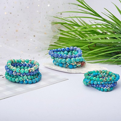 3Pcs 3 Size Synthetic Imperial Jasper Round Beaded Stretch Bracelets Set BJEW-SW00064-33-1