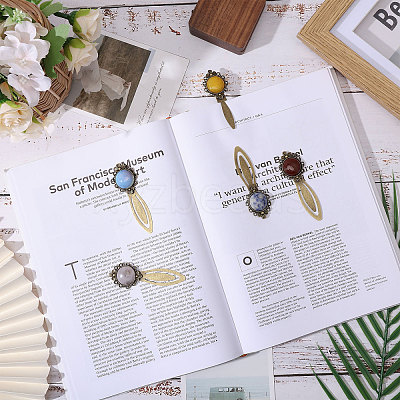 5Pcs Round Natural Rose Quartz & Blue Spot Jasper & Dyed White Jade & Dyed Agate & Opalite Bookmarks AJEW-CA00018-1
