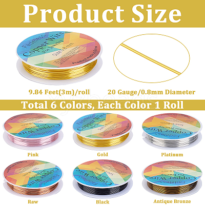 6 Rolls 6 Colors Round Copper Jewelry Wire CWIR-BBC0001-13-1