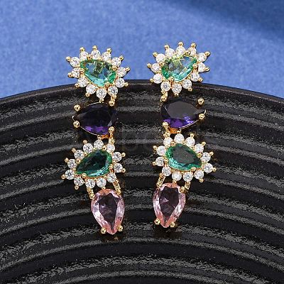 Brass Micro Pave Colorful Cubic Zirconia Stud Earrings for Women EJEW-F418-10G-1