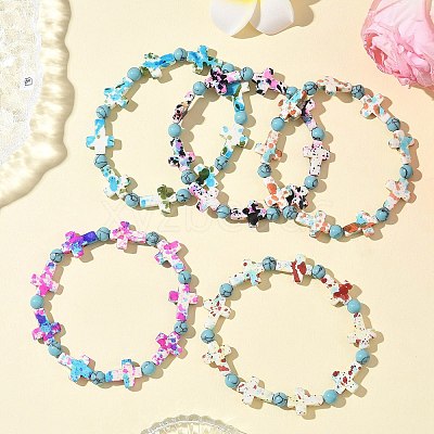 5Pcs 5 Colors Baking Paint Synthetic Turquoise Cross & Round Beads Stretch Bracelets for Men Women BJEW-JB12341-1