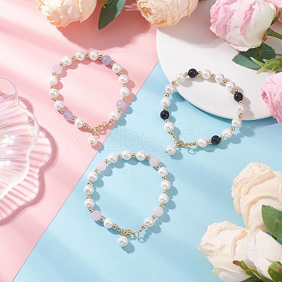 3Pcs 3 Styles Shell Pearl & Natural & Synthetic Mixed Gemstone Round Beadeded Bracelets for Women BJEW-JB12502-1