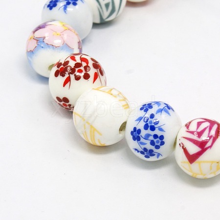 Mixed Styles Handmade Flower Printed Porcelain Ceramic Round Beads Strands PORC-M004-02M-1