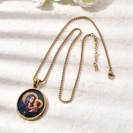 Unisex Religion 304 Stainless Steel Enamel Oval Pendant Box Chain Necklaces STAS-H258-02G-01-1