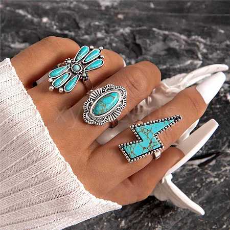 3Pcs 3 Style Synthetic Turquoise Ring Sets for Women PW-WG14783-02-1