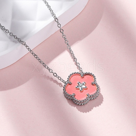 304 Stainless Steel Pink Enamel 5-Petal Flower Pendant Necklaces for Women NJEW-U032-17P-02-1