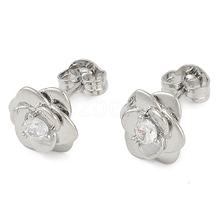 Rack Plating Flower Brass Pave Clear Cubic Zirconia Stud Earrings for Women EJEW-Z059-09P-1