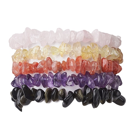 12 Constellation Natural Mixed Gemstone Chip Beaded Stretch Bracelets Sets for Women Men BJEW-JB10264-09-1