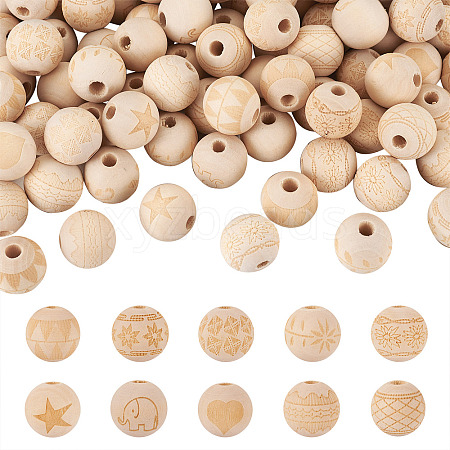 100Pcs 10 Style Unfinished Natural Wood European Beads WOOD-TA0001-55-1