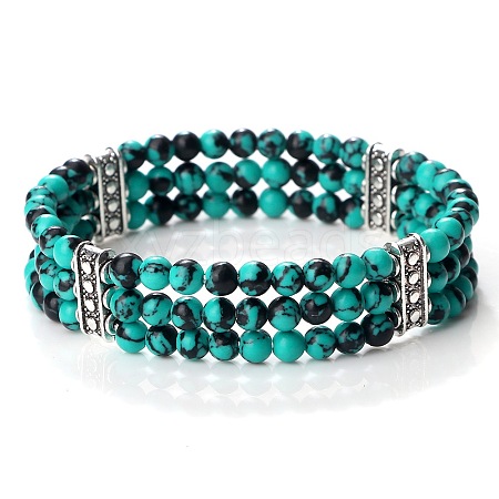 Round Dyed Synthetic Turquoise & Alloy Multi-Strand Beaded Stretch Bracelets for Women Men GQ0306-10-1