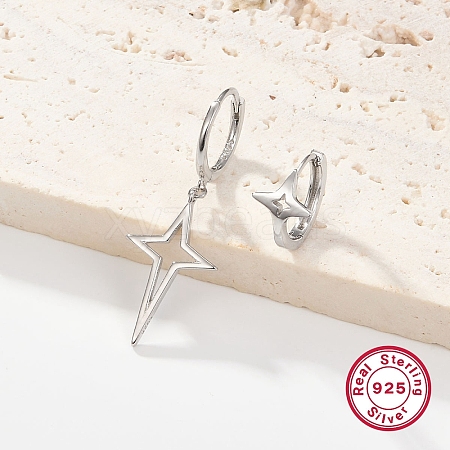 Anti-Tarnish 2 Pair 2 Style Rhodium Plated 925 Sterling Silver Hollow Star Dangle Hoop Earrings Sets for Women EJEW-F317-04P-1