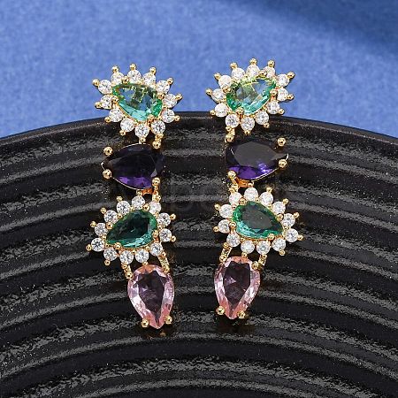 Brass Micro Pave Colorful Cubic Zirconia Stud Earrings for Women EJEW-F418-10G-1