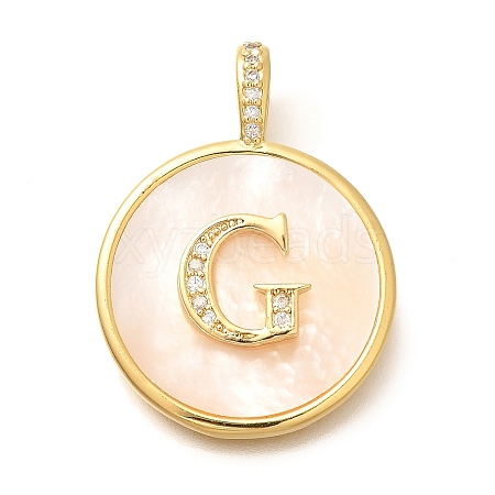 Rack Plating Brass Micro Pave Clear Cubic Zirconia Pendants with Shell KK-M309-42G-G-1