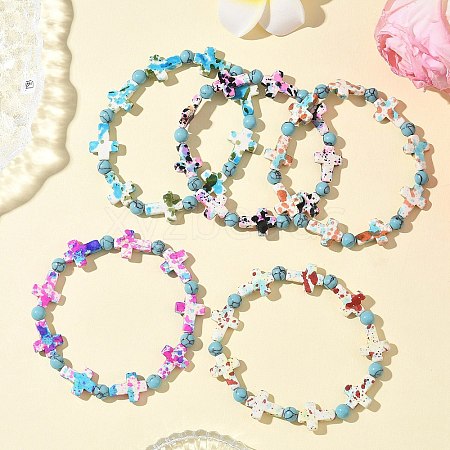 5Pcs 5 Colors Baking Paint Synthetic Turquoise Cross & Round Beads Stretch Bracelets for Men Women BJEW-JB12341-1
