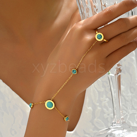 Vintage Real 18K Gold Plated Stainless Steel Synthetic Turquoise Link Ring Bracelets for Women QF4467-1