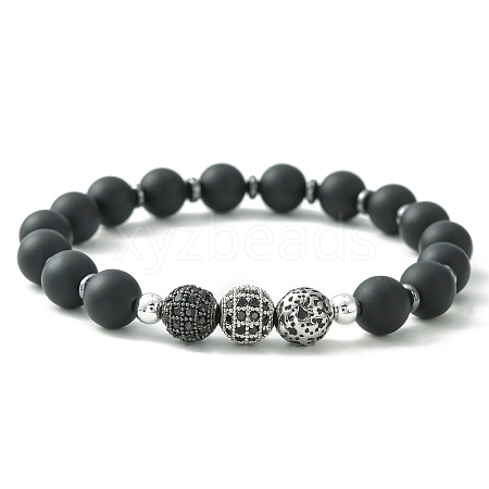 Natural Black Agate & Synthetic Hematite & Cubic Zirconia Round Beaded Stretch Bracelet BJEW-JB09442-1