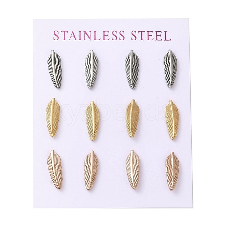 Ion Plating(IP) 304 Stainless Steel Feather Stud Earring EJEW-C099-11-1