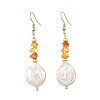 Natural Amber Chip & Natural Keshi Pearl Dangle Earrings EJEW-JE07445-01-3