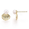 Brass Shell Shape & Natural Pearl Stud Earrings PEAR-N020-05H-2