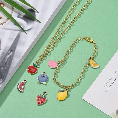 40Pcs 10 Style Fruit Theme Light Gold Plated Alloy Enamel Pendants ENAM-ZZ0001-09-1