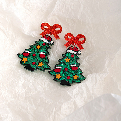 Christmas Tree with Bowknot Acrylic Dangle Stud Earrings FS-WGFA79E-01-1