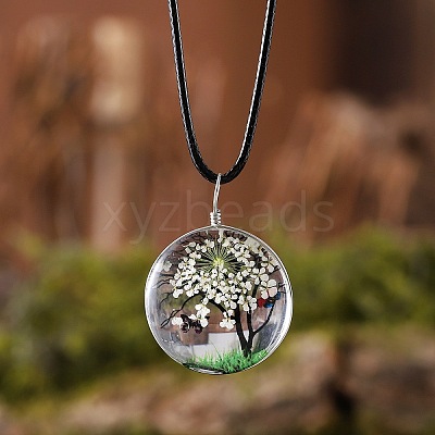 Flat Round Glass with Dried Flower Tree Inner Pendant Black Waxed Cord Necklaces FS-WG87A6D-14-1