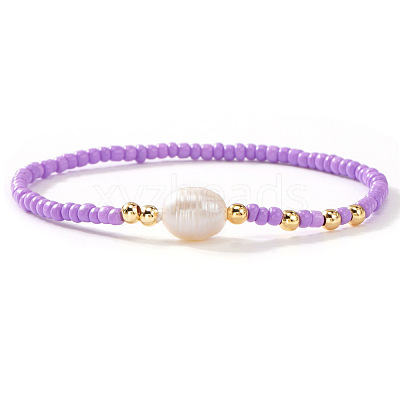 Brass & Glass & Natural Freshwater Pearls Beads Stretch Bracelets for Women OA4246-2-1