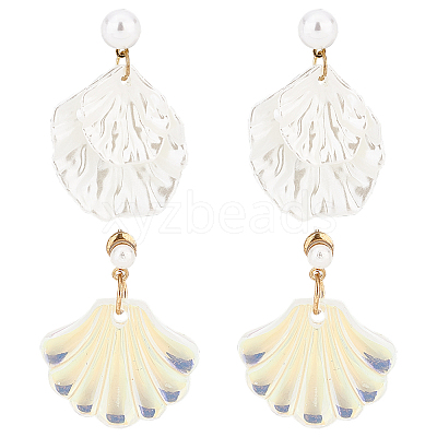 2 Pairs 2 Color Resin Shell Shape Dangle Stud Earrings with Imitation Pearl Beaded EJEW-AN0002-62-1