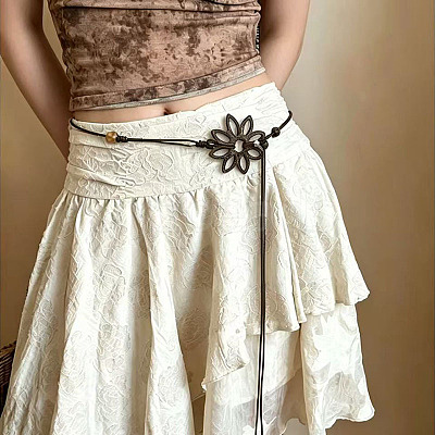 Boho Wood Hollow Flower Linen Tie Waist Belts for Women FS-WG0843E-01-1