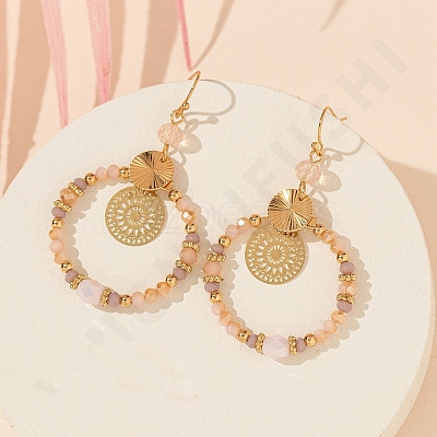 Brass Glass Flat Round with Rondelle Beaded Dangle Earrings FS-WG1FB0A-01-1