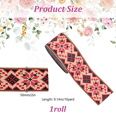 Rhombus Pattern Ethnic Style Embroidery Floral Polyester Ribbons OCOR-WH0070-324A-1