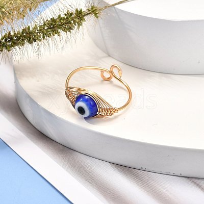 Copper Wire Wrapped Handmade Lampwork Adjustable Rings for Women or Men RJEW-JR00389-1