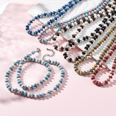 Dyed Natural Lava Rock & Synthetic Non-magnetic Hematite Rondelle Beaded Necklaces NJEW-H054-01P-1