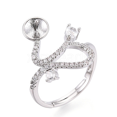 Curve Shape Brass Micro Pave Clear Cubic Zirconia Adjustable Ring Settings KK-T076-46P-1