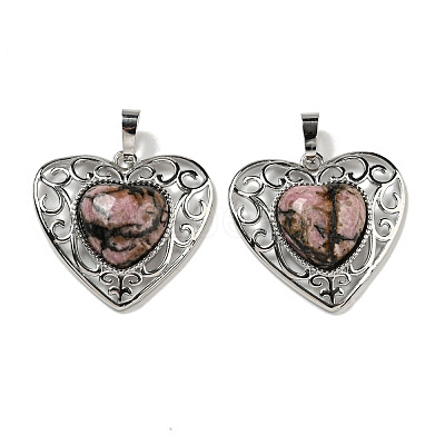 Natural Rhodonite Peach Love Heart Pendants G-G158-01R-1
