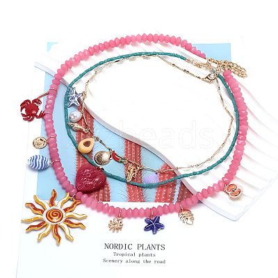 Alloy Enamel Sun Heart Starfish Shell Shape Pendant 3 Layer Necklaces for Women NJEW-F357-03KCG-1