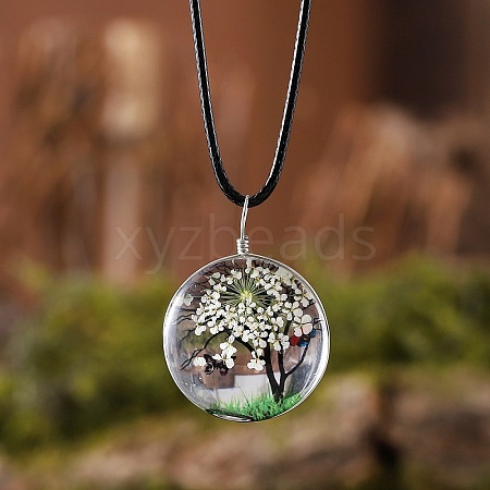 Flat Round Glass with Dried Flower Tree Inner Pendant Black Waxed Cord Necklaces FS-WG87A6D-14-1