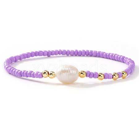 Brass & Glass & Natural Freshwater Pearls Beads Stretch Bracelets for Women OA4246-2-1