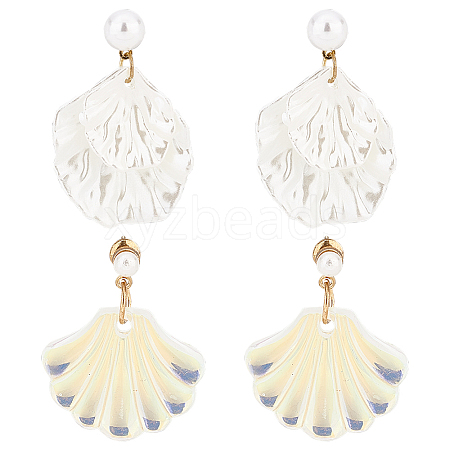 ANATTASOUL 2 Pairs 2 Color Resin Shell Shape Dangle Stud Earrings with Imitation Pearl Beaded EJEW-AN0002-62-1