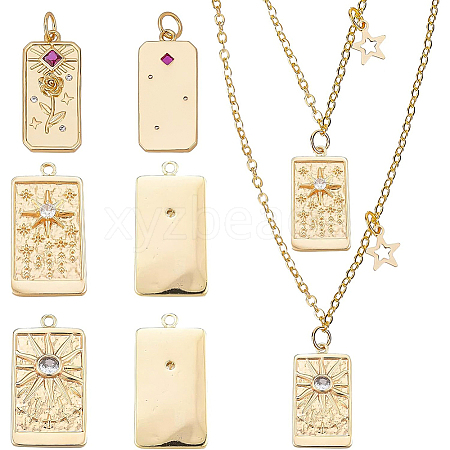 6Pcs 3 Style Embossed Brass Micro Pave Clear & Purple Cubic Zirconia Pendants ZIRC-BC0001-10-1