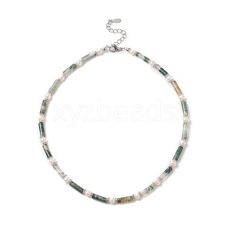 Natural Moss Agate & Pearl & Crystal Rhinestone Beaded Necklace for Women NJEW-JN04209-04-1