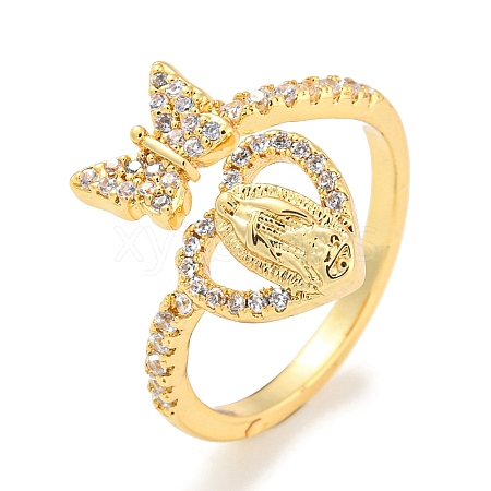Butterfly & Heart Brass Micro Pave Cubic Zirconia Open Cuff Rings RJEW-P094-01G-1